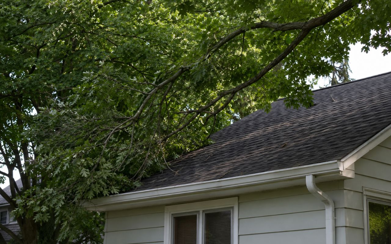 Hazardous branches showing overgrown tree branches risks above a roof