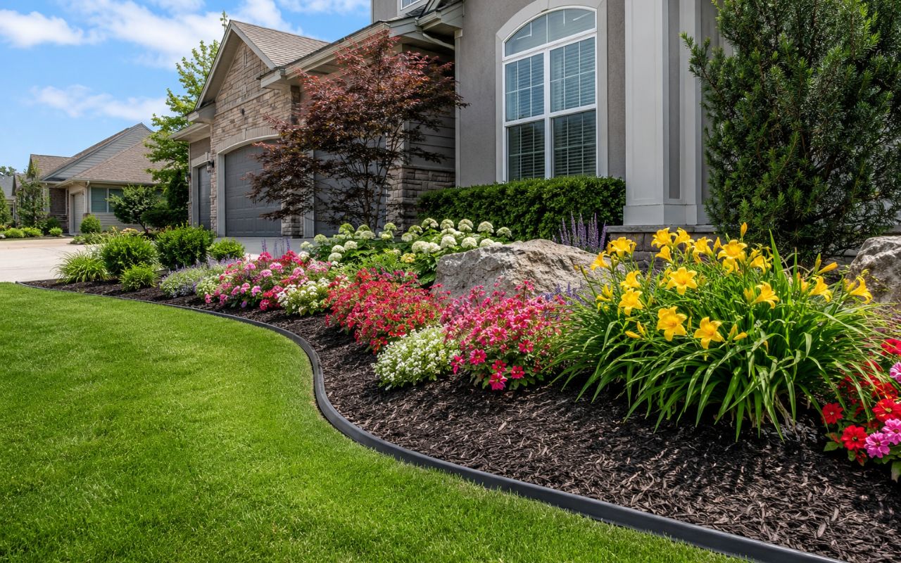 landscaping services Olathe KS summer flower beds with colorful plants and clean edging