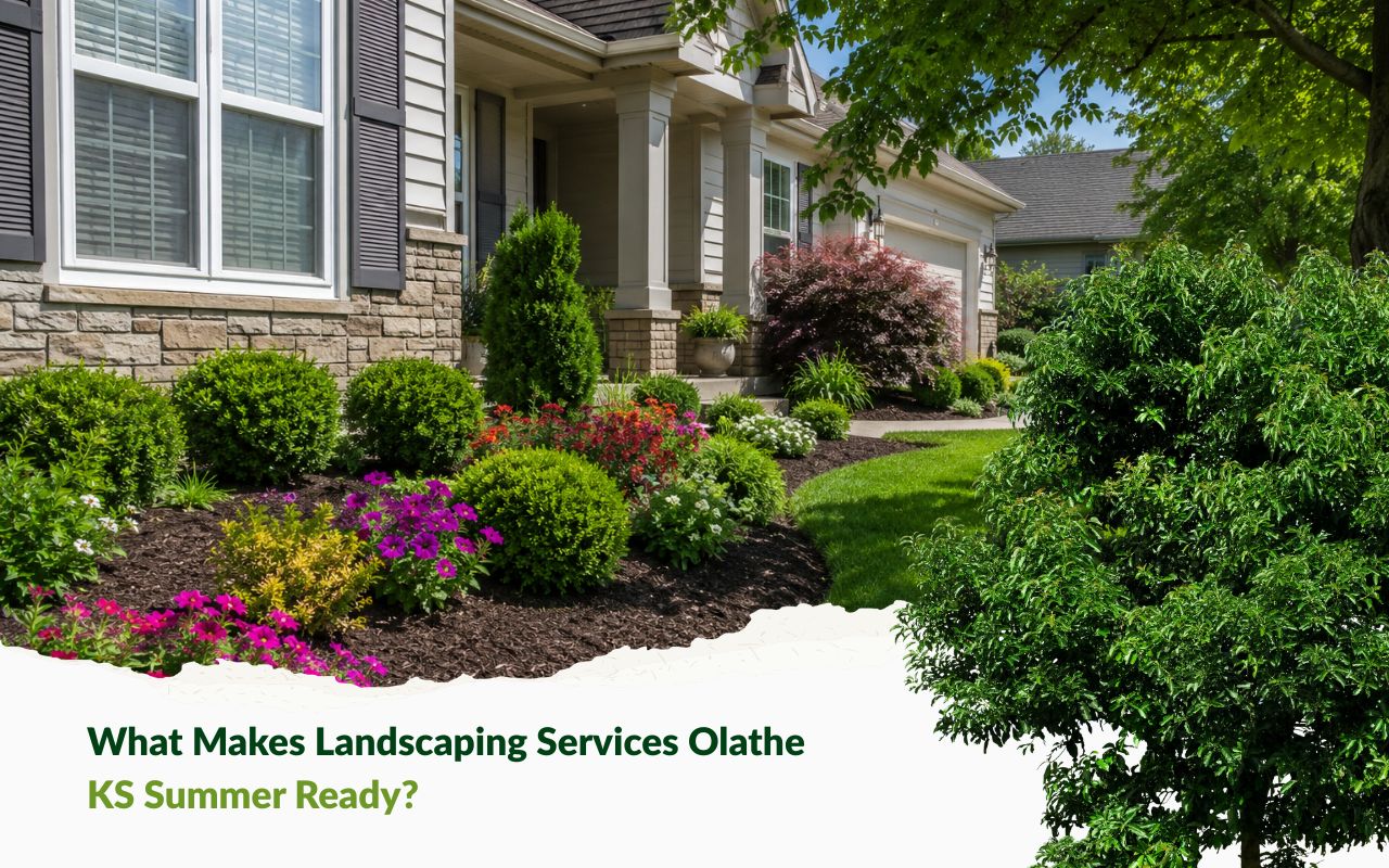 landscaping services Olathe KS summer yard refresh with mulch, lawn care, and flower beds