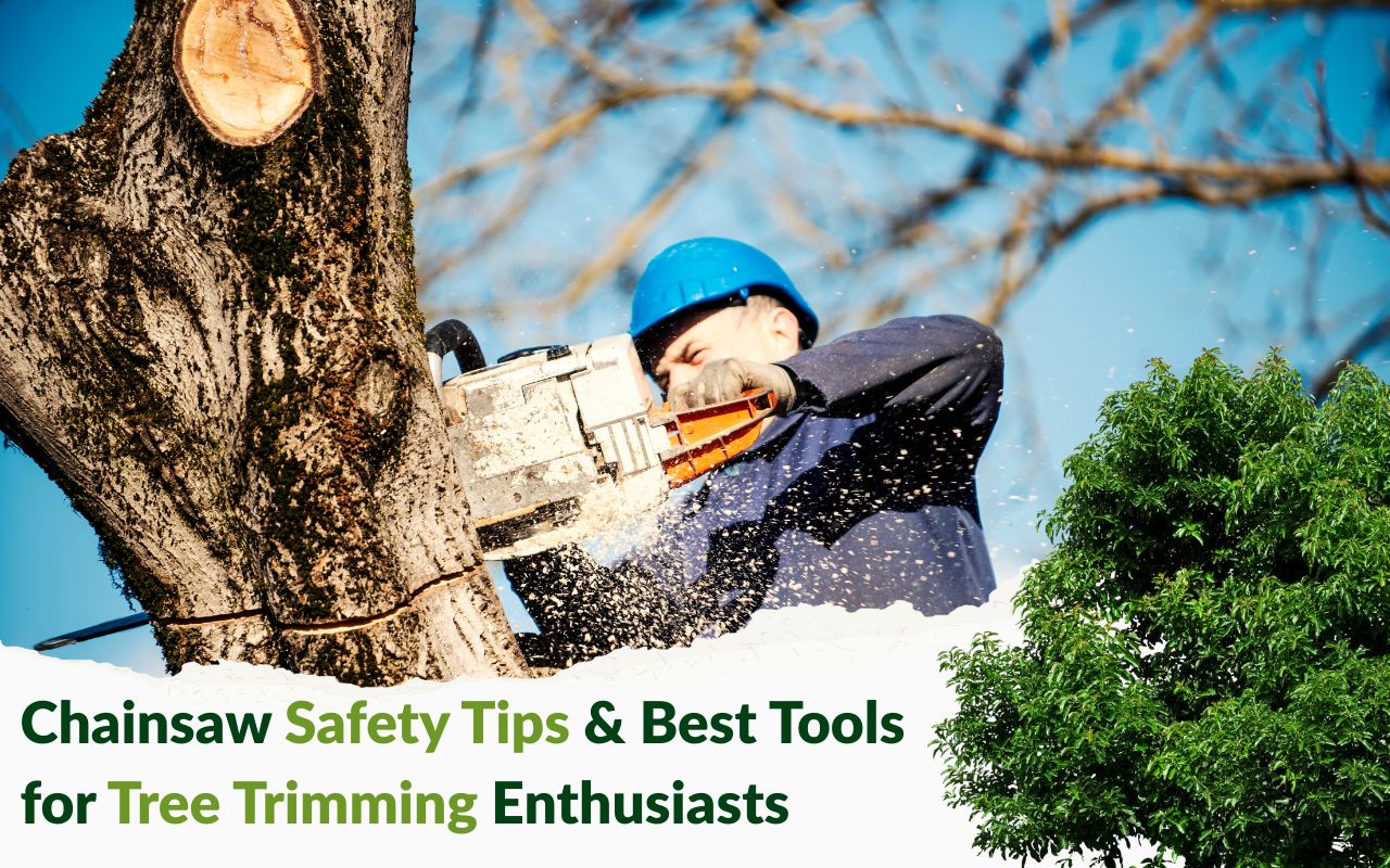 Person wearing full protective chainsaw safety gear including helmet, gloves, and chaps