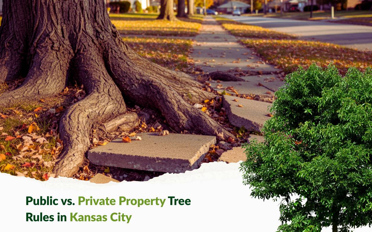 Root damage signs in Kansas City trees near sidewalks