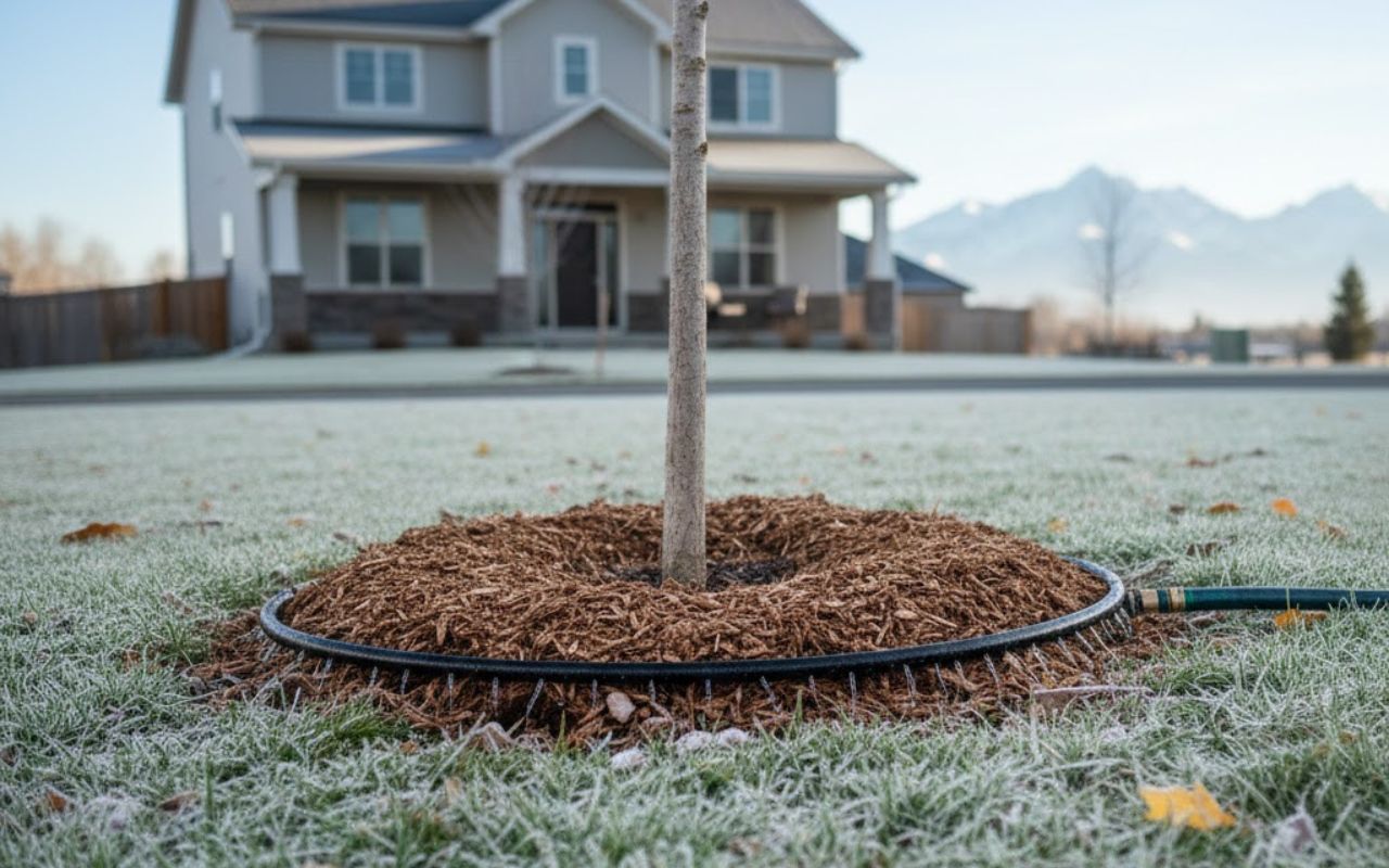 Soaker hose and mulch used for Winter Watering Tips for Trees and Shrubs around a young tree.