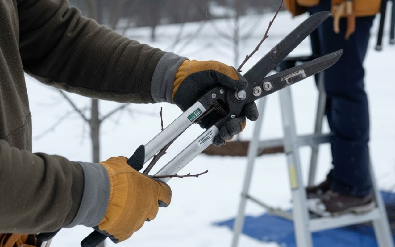 Homeowner using hand pruners following winter tree pruning safety tips