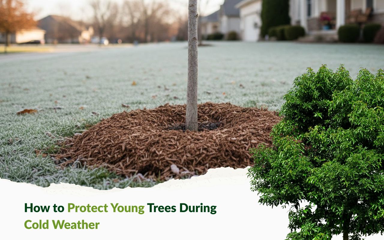 Mulch ring protecting young trees during cold weather in a Grandview, MO backyard.