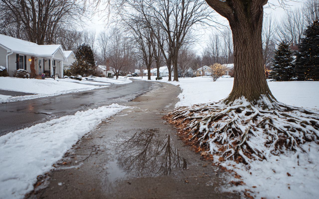 Driveway and sidewalk clearance in winter using de-icing around roots