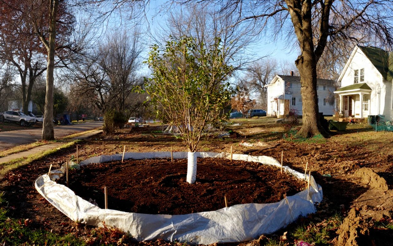 Protecting young trees from freeze in KC using breathable trunk wrap