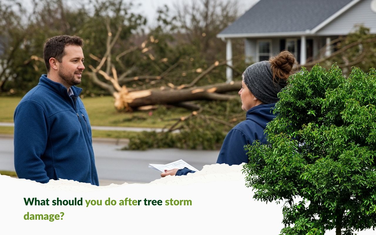 Homeowners reviewing Independence post-storm steps for damaged trees in a storm-hit yard