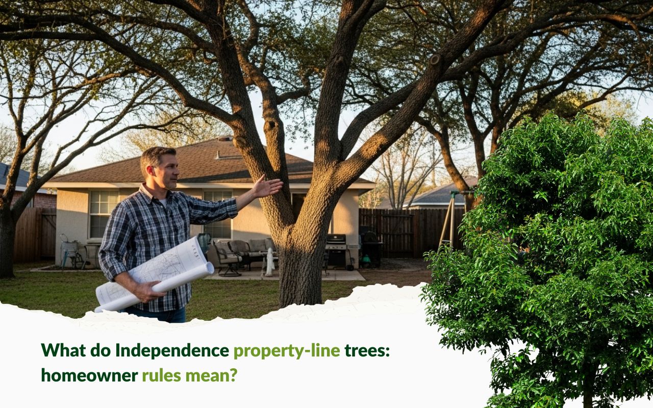 Homeowner reviewing Independence property-line trees: homeowner rules near a shared backyard line