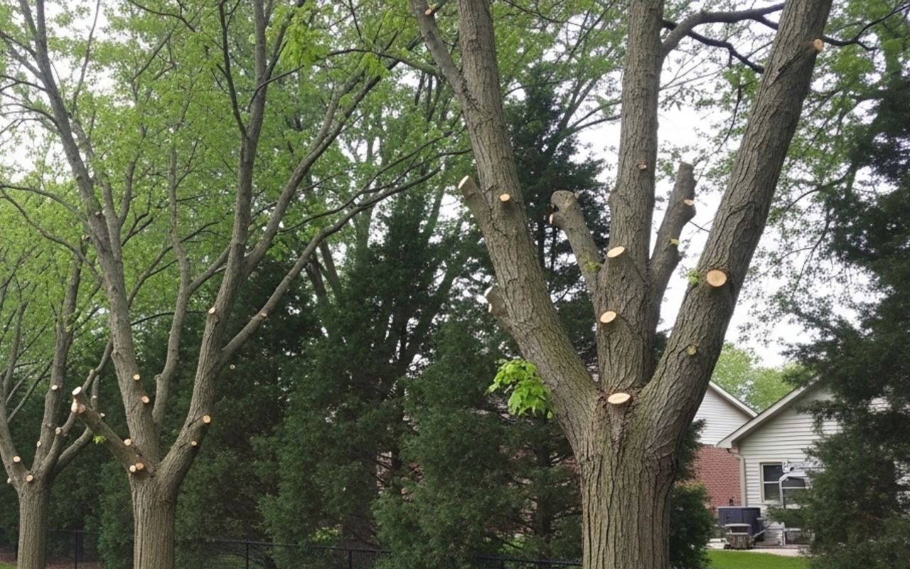 Careful pruning example for Independence property-line trees: homeowner rules and overhanging limbs