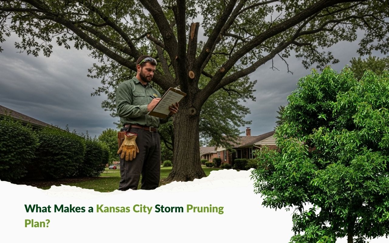 arborist reviewing a Kansas City pre-storm pruning checklist in a residential yard