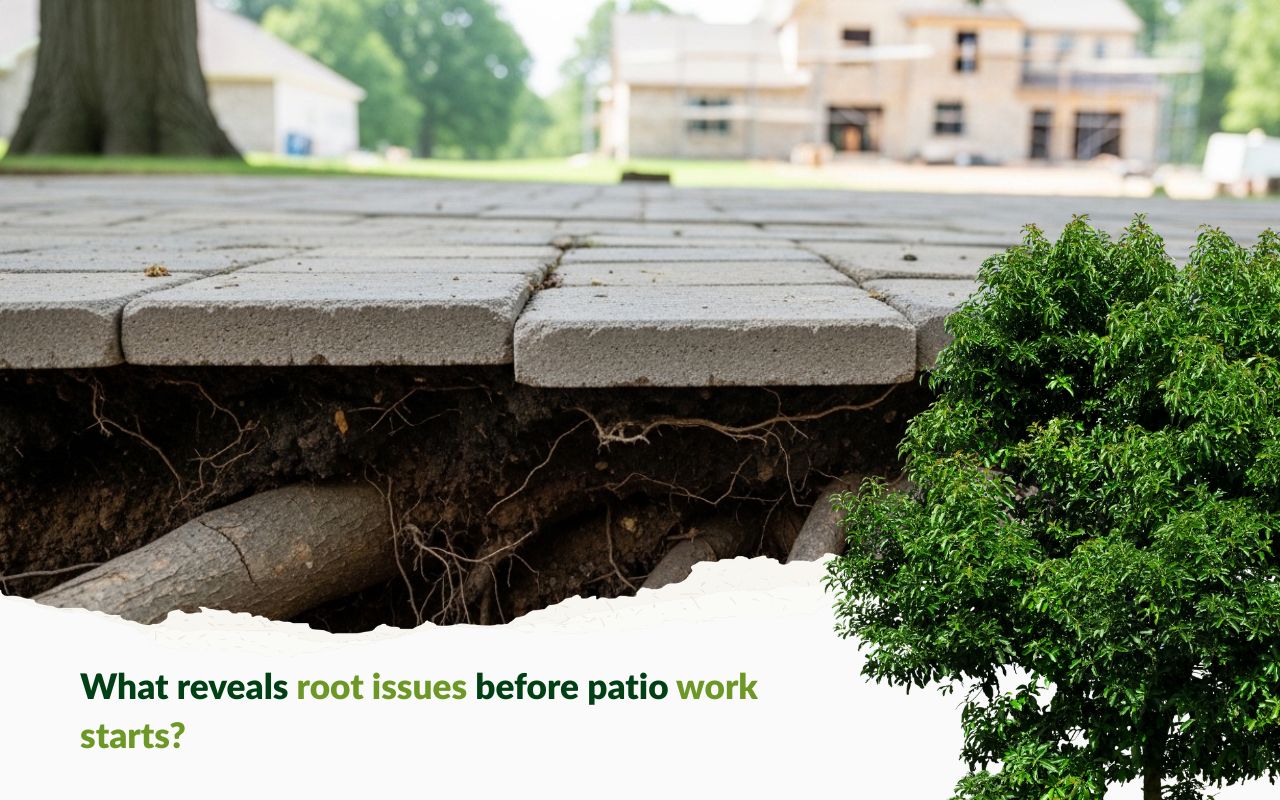 Lee’s Summit spotting root issues before patio work near lifted pavers