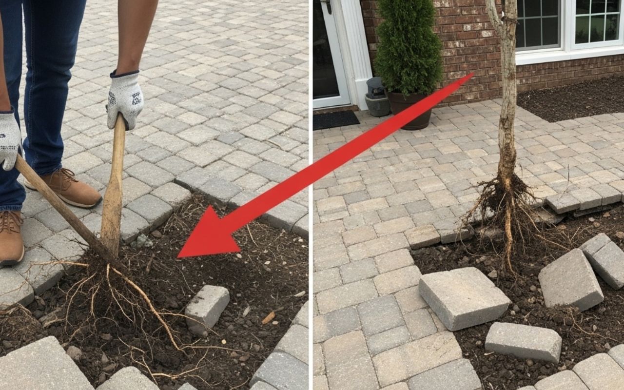 Lee’s Summit spotting root issues before patio work with visible soil heave patterns