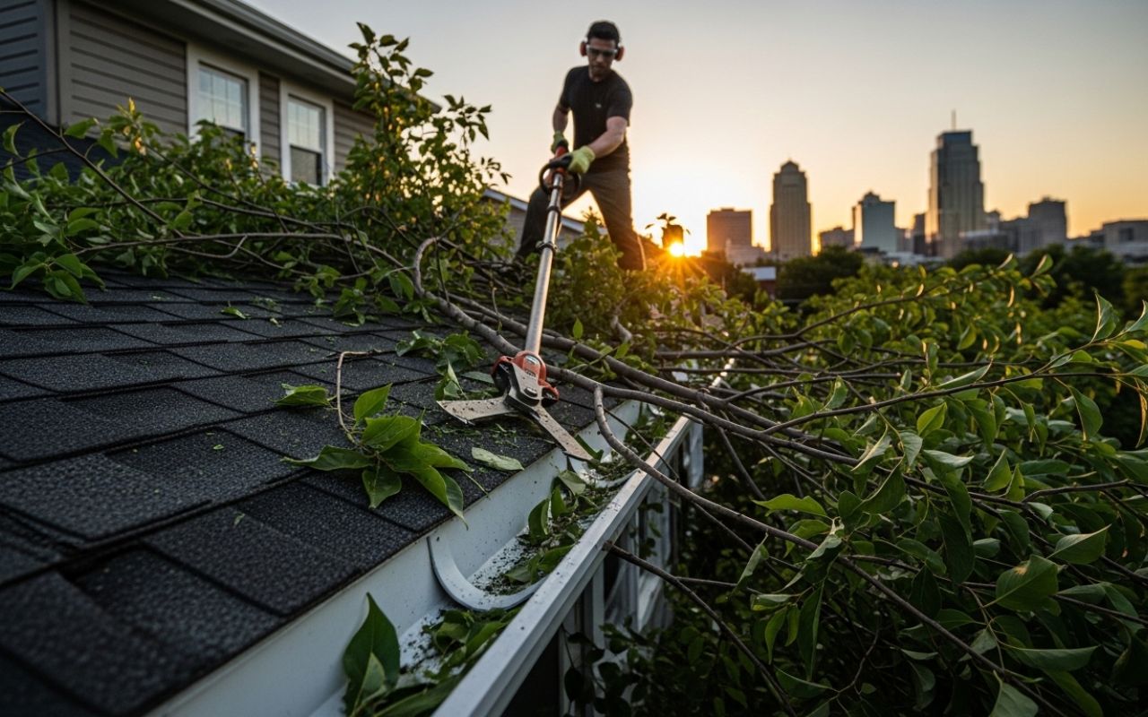 Roofline trimming in Kansas City with safe cuts near shingles and gutters