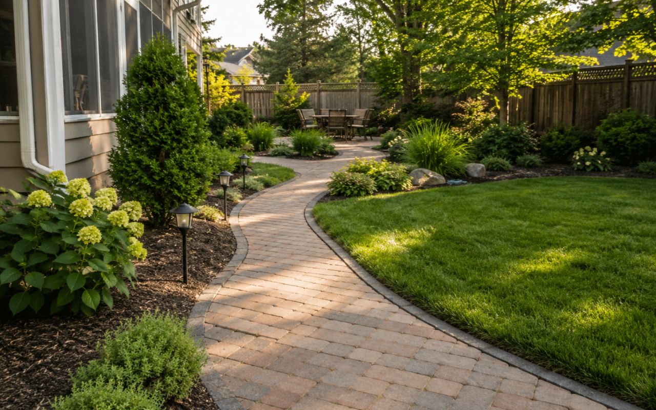 Olathe backyard landscaping safety tips showing safe plant spacing near walkways