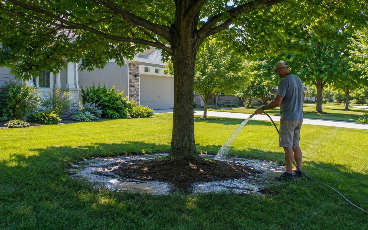 Watering trees during heat near the drip line in Overland Park