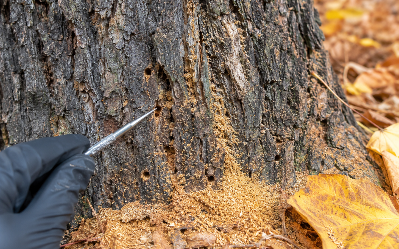 Identifying Fall Pests That Harm Trees by checking bark holes and frass