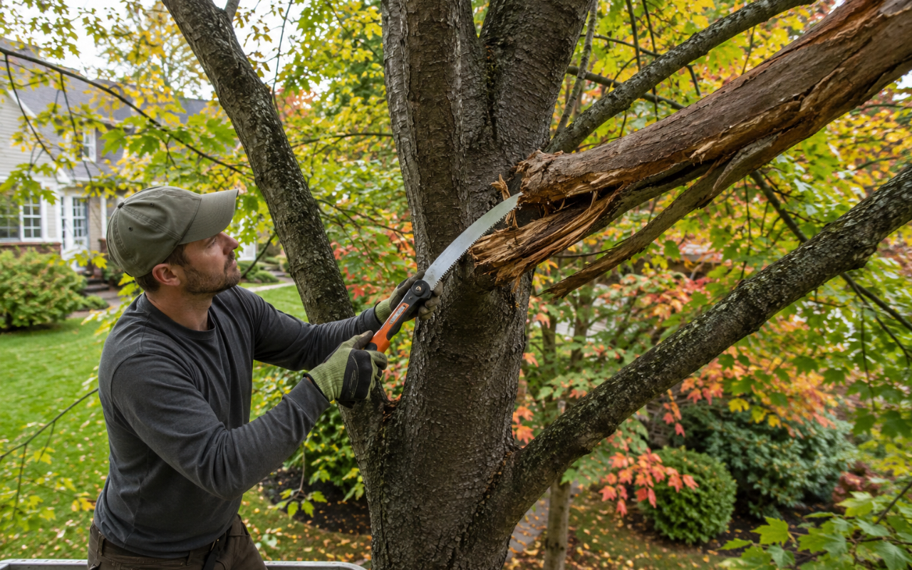 Seasonal pruning tips showing damaged branch removal before fall