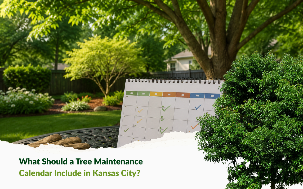 tree maintenance calendar for a Kansas City yard with healthy summer trees
