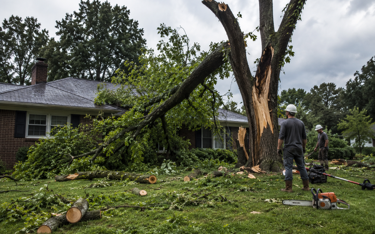 storm-damaged tree needing tree removal in Independence, MO