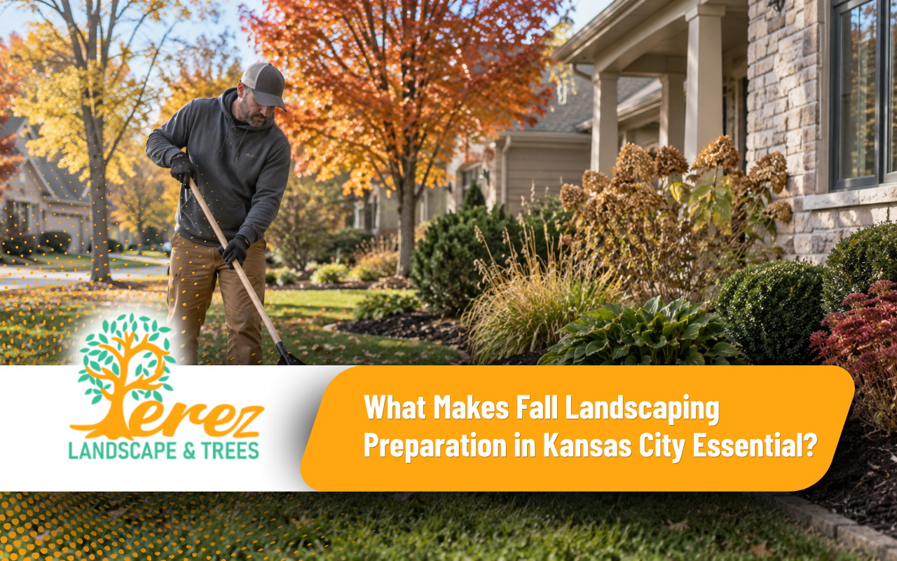 fall landscaping preparation in Kansas City yard cleanup with leaves and garden beds