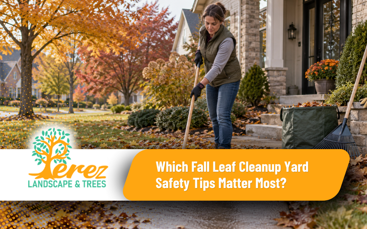 Fall leaf cleanup yard safety tips for a Kansas City walkway