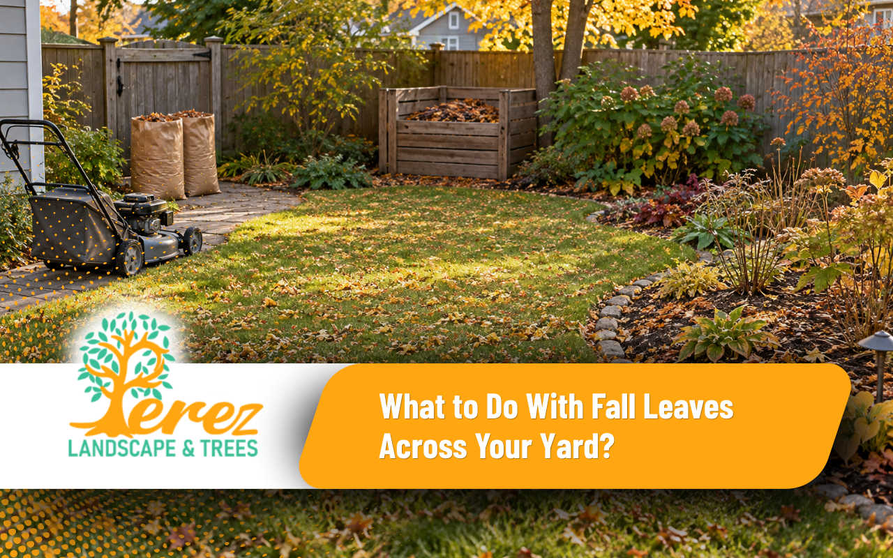 Yard map assigning fall leaves to lawn mulching, planting beds, compost, or collection