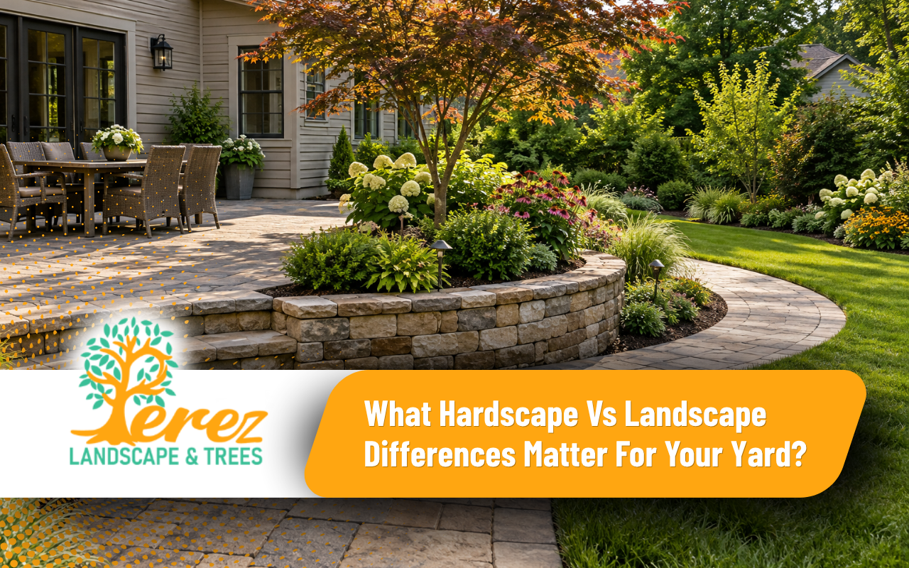 Comparison showing hardscape and softscape as parts of the complete landscape